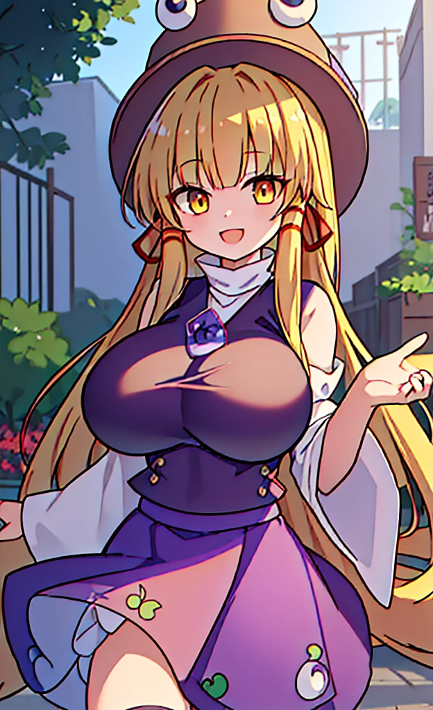 masterpiece,Highest quality,1 Girl,alone,Pokémon-like art style, (gigantic breasts:1.5), MORIYA_SUWAKO_TOUHOU
BLONDE_HAIR, HAT, RIBBON, HAIR_RIBBON, VEST, SMILE, YELLOW_EYES, BANGS, RED_RIBBON, BROWN_HEADWEAR, PURPLE_VEST, SIDELOCKS, SHORT_HAIR