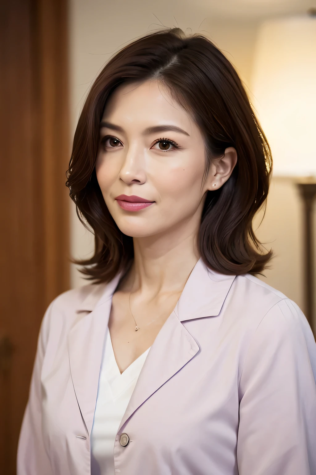 最high quality, In 8K, Masseter muscle area, Lifelike, Sharp focus, high quality, High resolution, Detailed face, Detailed eyes, Thick lips, (Look at the viewers), solo, Middle-aged women, Beautiful woman, Age 35, plum, Beautifully styled hair, Cleavage, White Lab Coat, nurse, Hospital at night