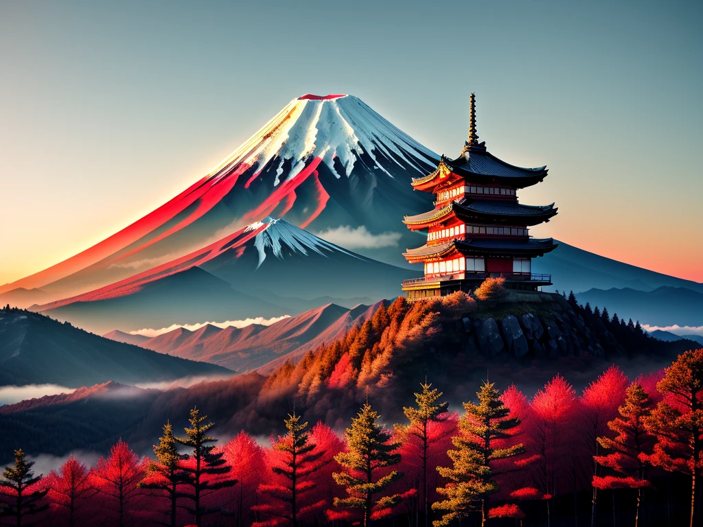 Feudal Japan Scenery, mount fuji, trees, moutain, dramatic light 