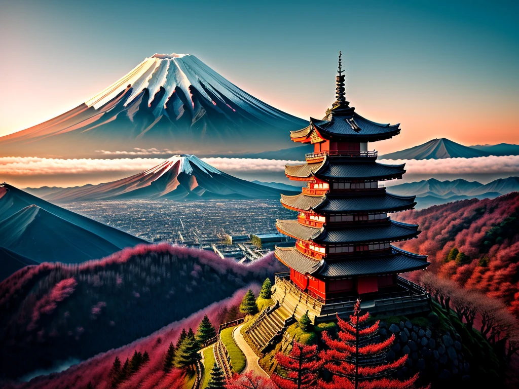 Feudal Japan Scenery, mount fuji, trees, moutain, dramatic light 