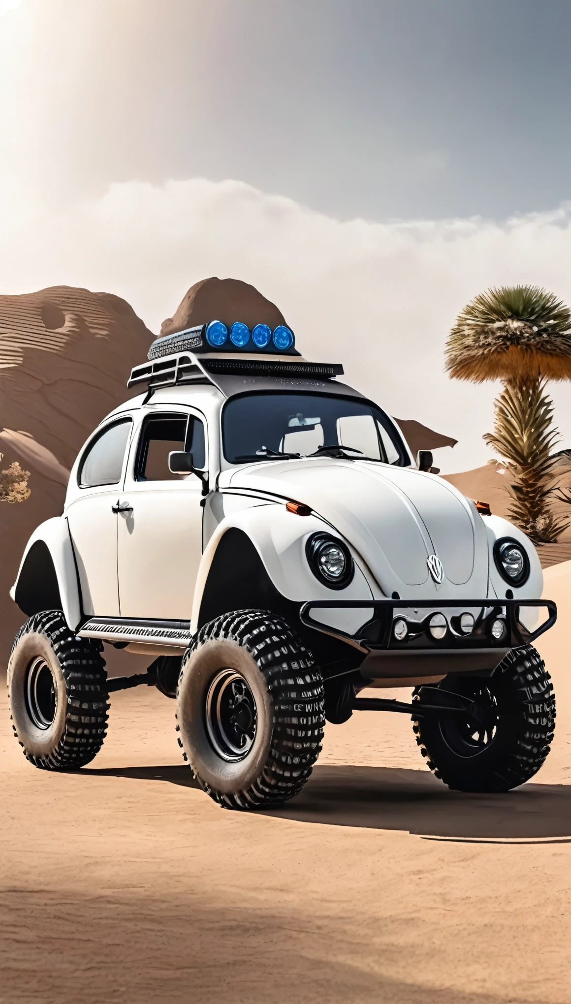 Volkswagen Beetle-based custom car、Designing the Future、The form of a rhinoceros beetle、White、Shiny metal body、Big off-road tires、Police car、Photographed from the front、Simple Background、1 set