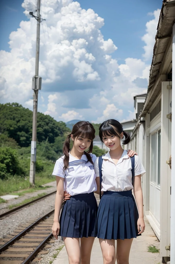 2 girls in rural station,train on far side,cumulonimbus cloud in summer sky,short-sleeved white shirt with sailor collar,navy blue pleated skirt,18-year-old,bangs,a little smile,thighs,knees,short hair with low pigtails bunches,from beside,front light