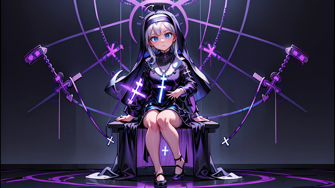 a beautiful woman, white hair with blue highlights, (((Full body))), Egirl makeup, ((White Hair with Blue Highlights)), hair accessories, shorth hair, cute face, face detailed, blue eyes, (((micro skirt))), (((Full Body, perfect hand, perfect face))), (((classroom, sitting))), cyberpunk, sitting, White hair, beautiful outfit, (((Purple, cyberpunk)))), animal ears, perfect face, Glowing Purple, GlowingRunes_purple, (((((Cross, religion, god, cross shaped necklace, nun)))))
