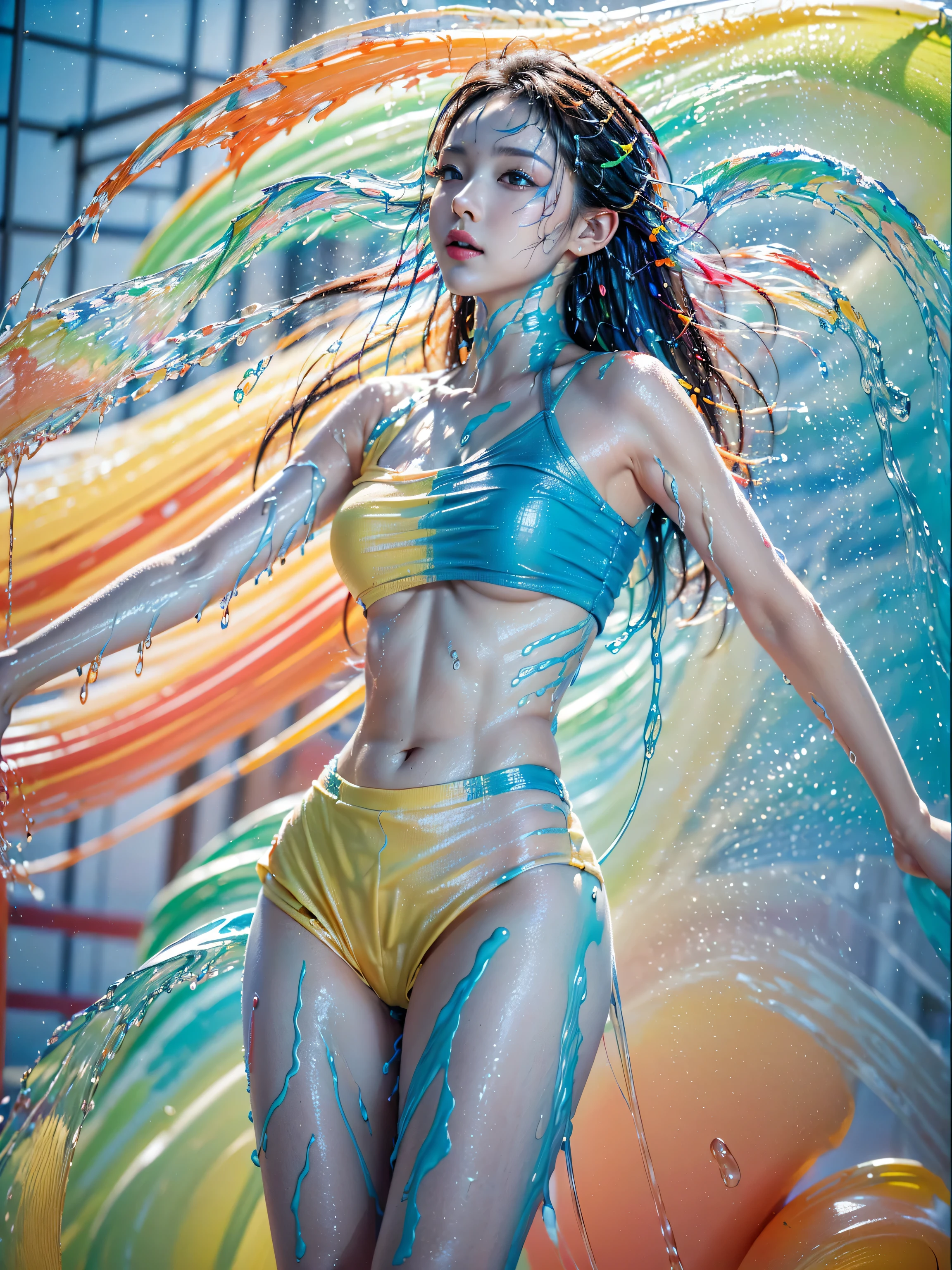 (absurd quality,high-res,masterpiece),(realism,photorealistic), (the art of painting the body with many colors, luminous paints:1.3), ((screen with splashing fluid flowing down, fluid paints:1.25), extremely detailed:1.31), ((in a bright and colorful paint pool:1.28)),