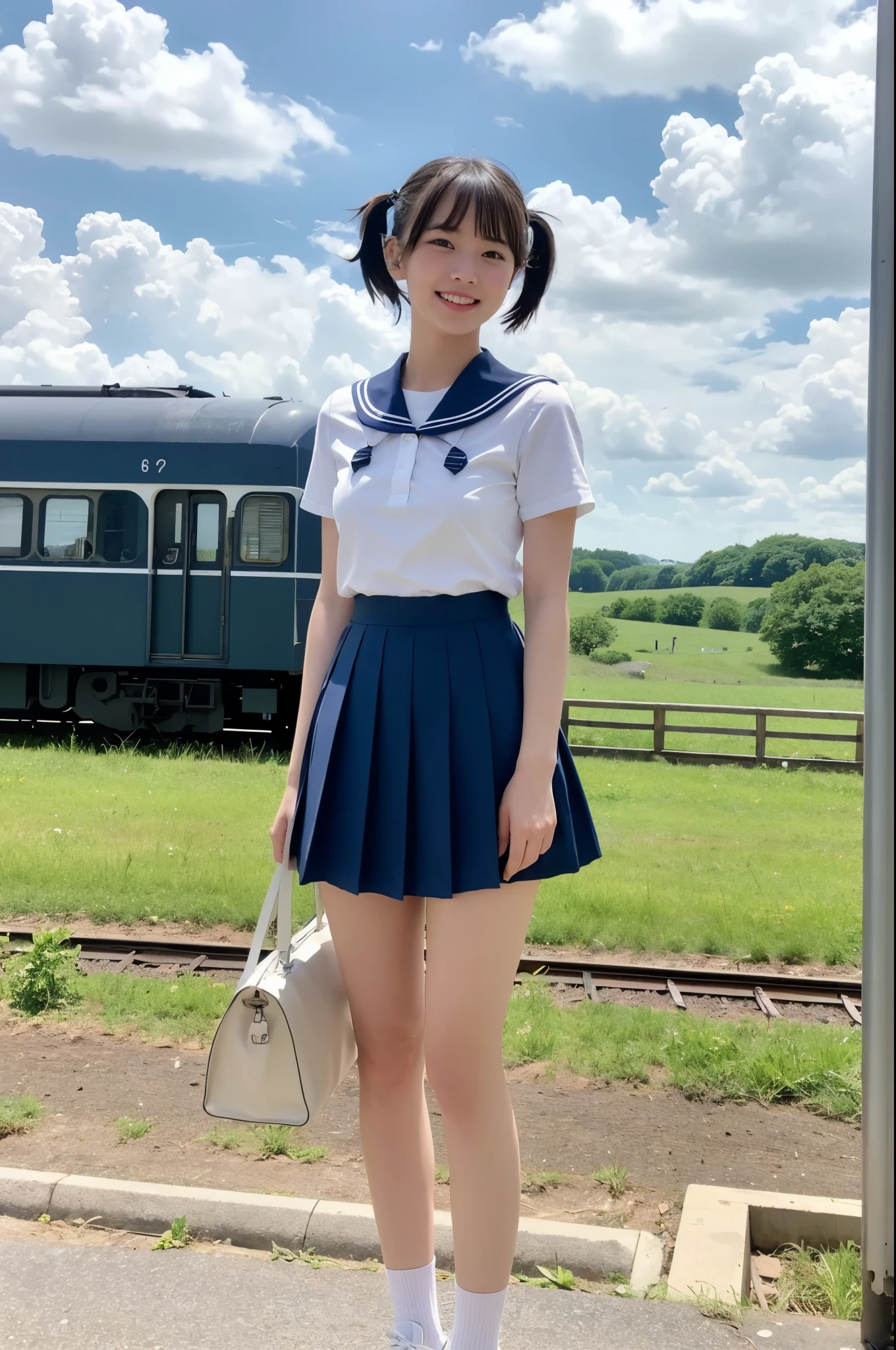 girls in rural station,train on far side,cumulonimbus cloud in summer sky,short-sleeved white shirt with sailor collar,navy blue pleated skirt,18-year-old,bangs,a little smile,thighs,knees,short hair with low pigtails bunches,from beside,front light