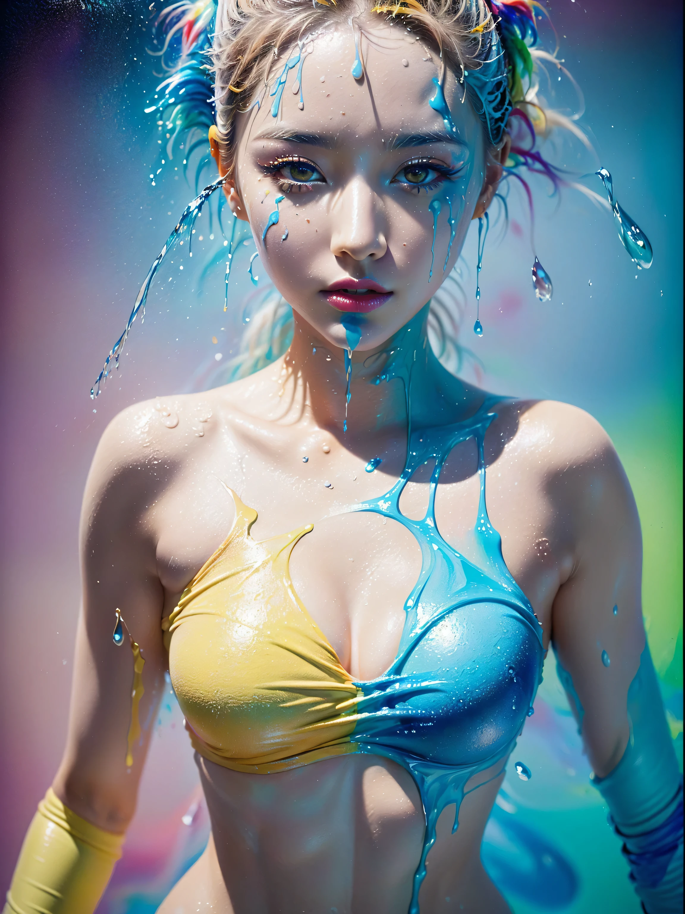 (solid background), ((a lot of thick acrylic pigment color splashes on a background and the girls clothes, vivid colors of splash and thick paints):1.9), large crystal clear eyes, (rainbow colored high ponytail hair:1.6), (exquisite makeup, long eyelashes, small fresh, wipe chest), (white off-shoulder Fashion T-shirt:1.2), (a lot of color splashes of thick acrylic pigment thick paint on her clothes:1.6), (Highest Image Quality, Masterpiece, Depth of Field), (lovely smile, excited), (sometimes hold a cat in her arms:0.8),
