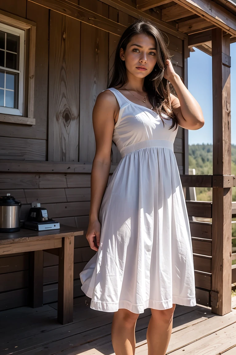 A beautiful woman with light gently filtering through her hair, hair is long and black, Smooth, her sundress is beautiful and she is standing in front of a cabin