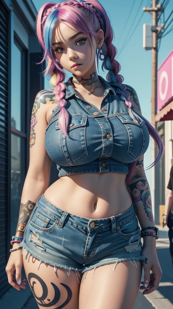 a close up of a 10 year old girl, huge breasts, large curvy hips with tattoos on her face, colorful hair braided, trending on cgi society, digital art, render of a cute 3d anime girl, she is wearing streetwear and jean shorts, cute style, jojo anime style, ultra hd, 4k detailed