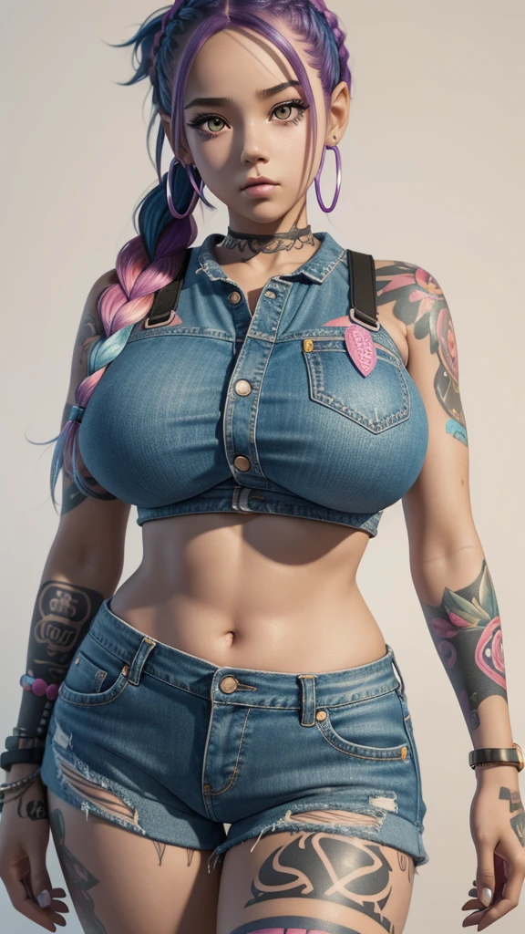 a close up of a 10 year old girl, huge breasts, large curvy hips with tattoos on her face, colorful hair braided, trending on cgi society, digital art, render of a cute 3d anime girl, she is wearing streetwear and jean shorts, cute style, jojo anime style, ultra hd, 4k detailed 