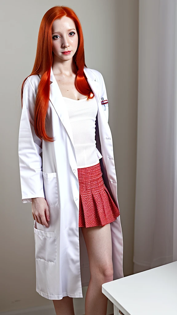 red head (long straight hair) fair-skin tiny-tits dressed as a doctor (white skirt, white lab-coat, asmr style, cleavage no bra, serious expression
