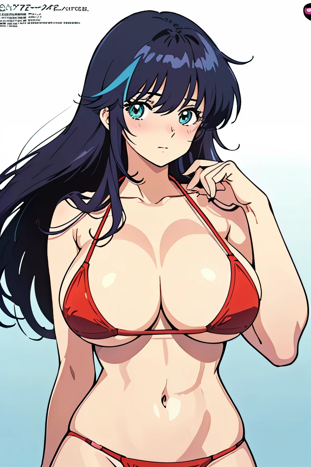 (masutepiece, Best Quality, High resolution:1.5, anime colours, megami magazine:1.2, anime poster style, anime keyvisual, sharp, 8k, photorealistic), (beautiful detailed eyes:1.5, beautiful detailed face:1.2), madoka ayukawa, 1girl, blush, (black hair, Long Hair), (sagging huge breasts), (red bikini), upper body, (Perfect detailed Anatomy, beautiful detailed hair, beautiful detailed body:1.2, shiny skin), (thick outline, Beautiful outlines, black outlines), simple background