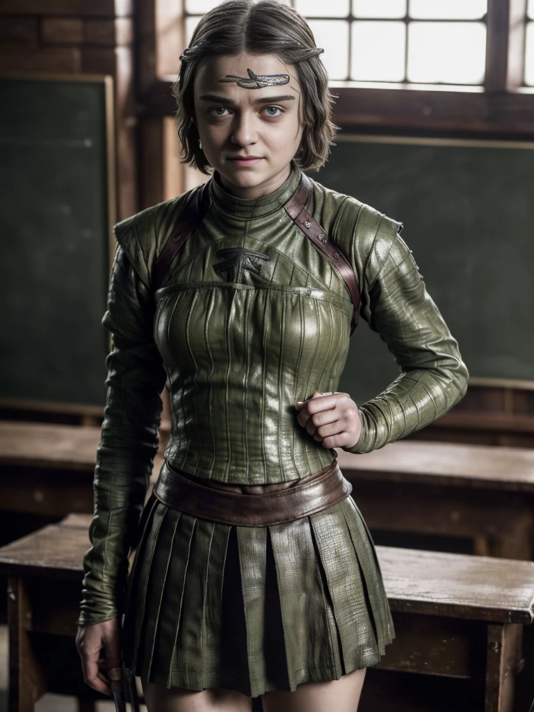 (8k, best quality, masterpiece, realistic, photorealistic, ultra detailed: 1.3), (1 girl, beautiful (Arya Stark:1.3), smiling, , wide hips), (wearing , tight pleated mini skirt: 1, 3) , Smile, (huge breasts, (low-cut shirt:1.1), (cleavage) perfect body), , bangs, (classroom, teaching:1.3), nymphet
