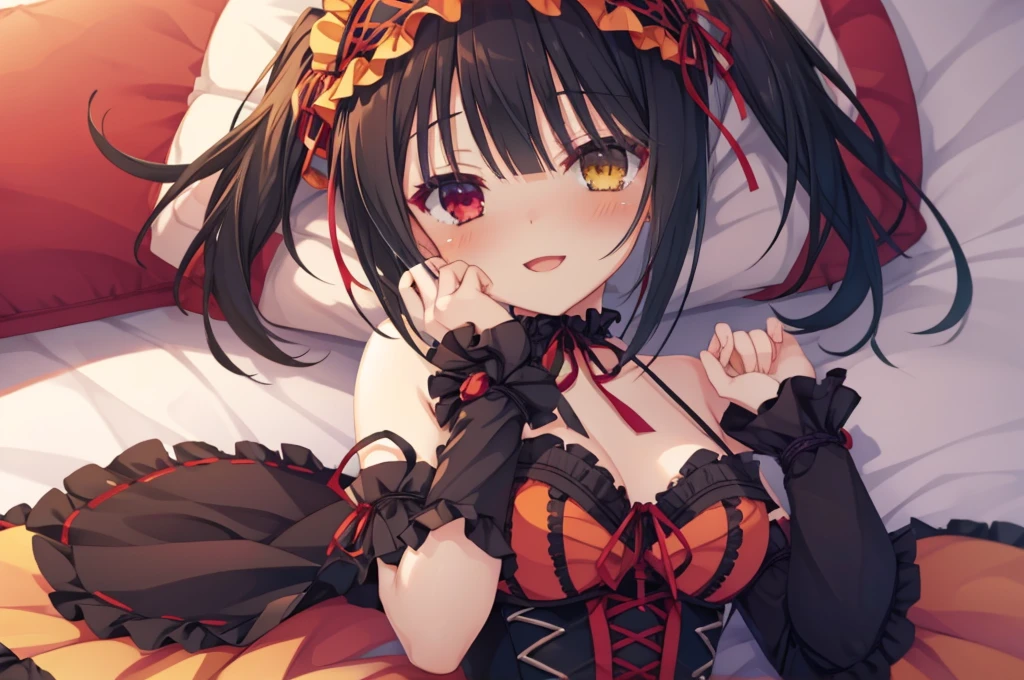 KurumiBase, (clock eyes), heterochromia, twintails, hairband, red dress, frills, detached sleeves, frilled choker,Lying down,bed,Blushing,View your viewers,Open Mouth Smile,Face close up,Simple Background,,best image quality,highest quality