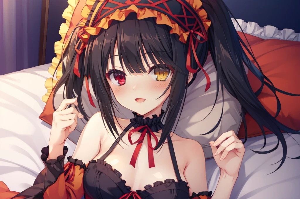 KurumiBase, (clock eyes), heterochromia, twintails, hairband, red dress, frills, detached sleeves, frilled choker,Lying down,bed,Blushing,View your viewers,Open Mouth Smile,Face close up,Simple Background,,best image quality,highest quality