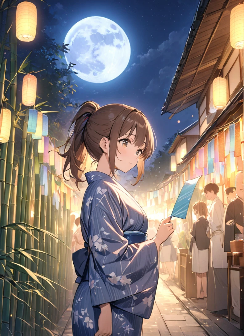 (masterpiece:1.2),(アニメ),Big moon in the background、Night Sky、Girl watching the moon、cute、The girl is illuminated by the moonlight、Great work、Light effects,long,Brown Hair、ponytail、Wear a yukata、Tanabata、Japanese Events、Bamboo