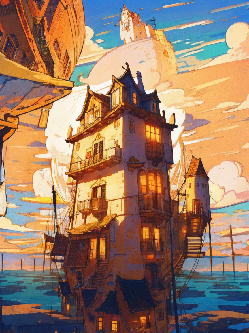 Drawings of windmills and houses on floating islands, Floating city in the clouds, floating city in the sky, inspired by Winsor McCay, Industry, Flying Island in the Sky, an immense floating castle, palace floating in the sky, A floating island in the sky, castle style in the sky, ilha flutuante e voadora, cloud palace