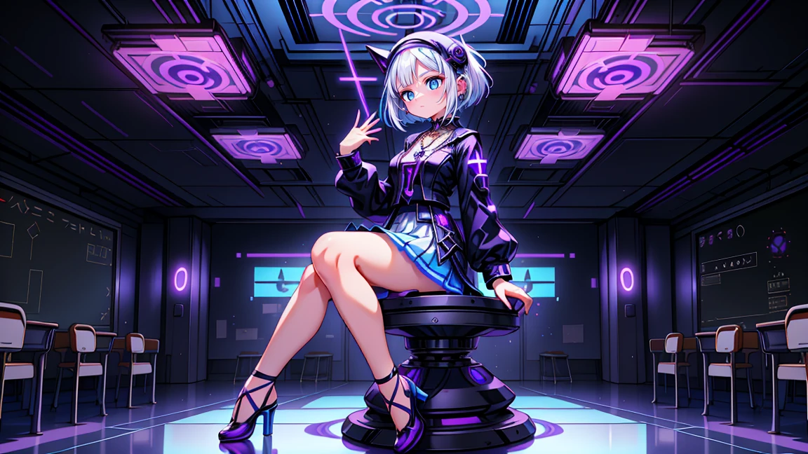 a beautiful woman, white hair with blue highlights, (((Full body))), Egirl makeup, ((White Hair with Blue Highlights)), hair accessories, shorth hair, cute face, face detailed, blue eyes, (((micro skirt))), (((Full Body, perfect hand, perfect face))), (((classroom, sitting))), cyberpunk, sitting, White hair, beautiful outfit, (((Purple, cyberpunk)))), animal ears, perfect face, Glowing Purple, GlowingRunes_purple, (cross shaped necklace, nun)
