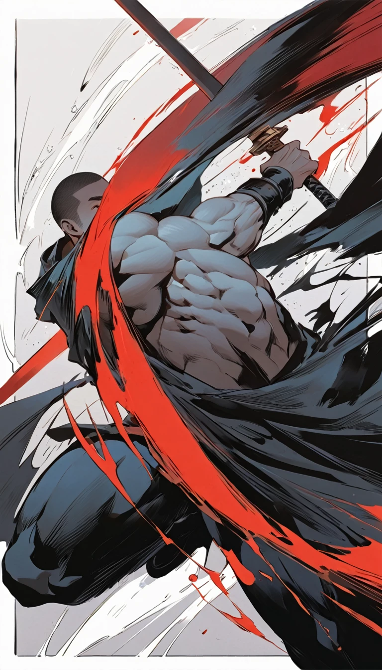 Chinese swordsman,Male swordsman,muscular,Short curly hair,Buzz Cut,Cover your eyes with a black cloth,Explosive muscles,Black spandex tights,Handsome,perfect pupils,Simple lines,Abstract Art,Holding a red long sword,
