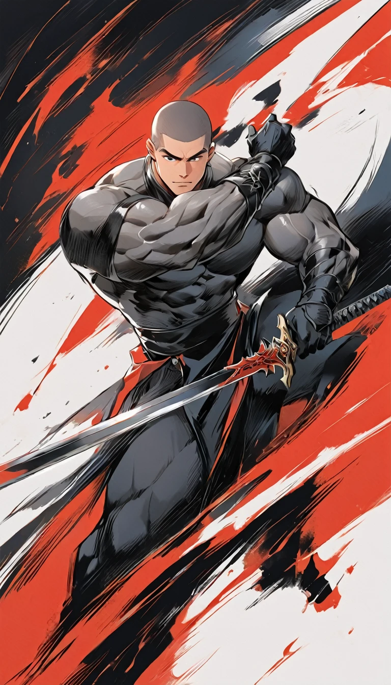 Chinese swordsman，Male swordsman，muscular，Short curly hair，Buzz Cut，Cover your eyes with a black cloth，Explosive muscles，Black spandex tights，Handsome，perfect pupils，Simple lines，Abstract Art，Holding a red long sword，