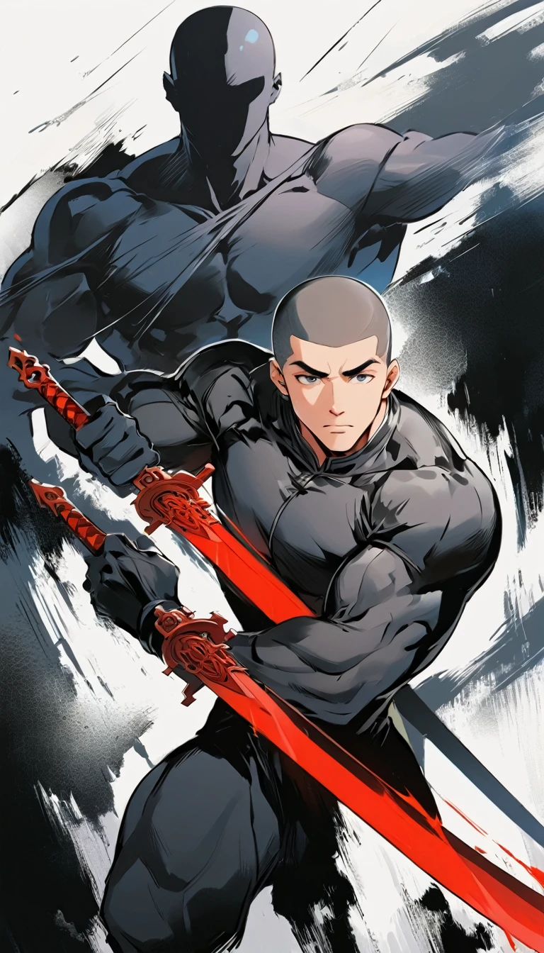 Chinese swordsman,Male swordsman,muscular,Short curly hair,Buzz Cut,Cover your eyes with a black cloth,Explosive muscles,Black spandex tights,Handsome,perfect pupils,Simple lines,Abstract Art,Holding a red long sword,