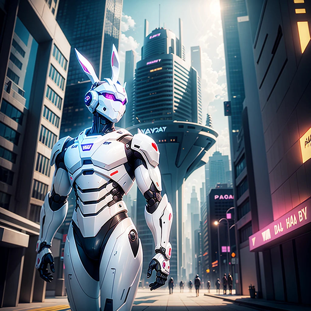 robot rabbit, White color, male gender, playa digital, with a futuristic city in the background,