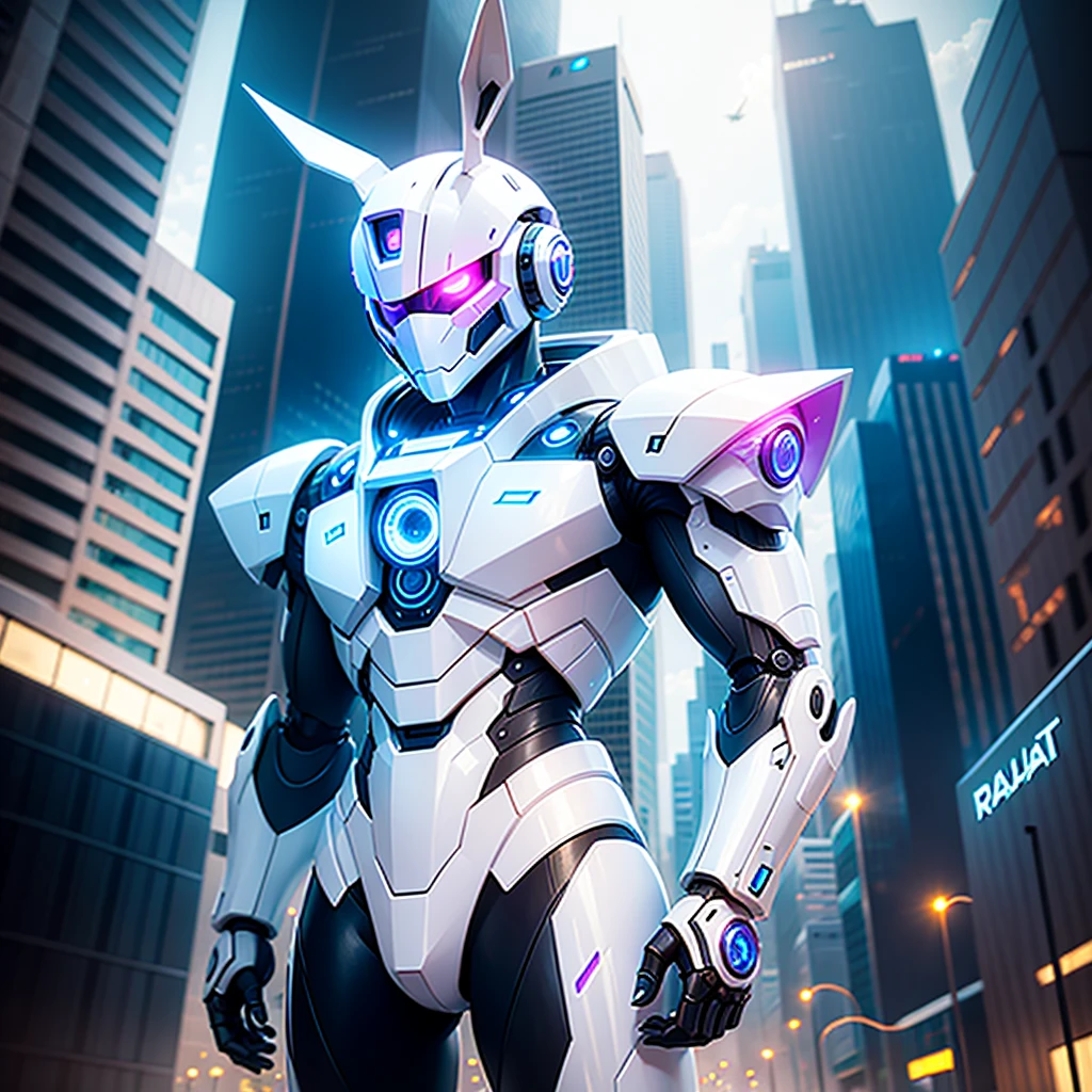 robot rabbit, White color, male gender, playa digital, with a futuristic city in the background,