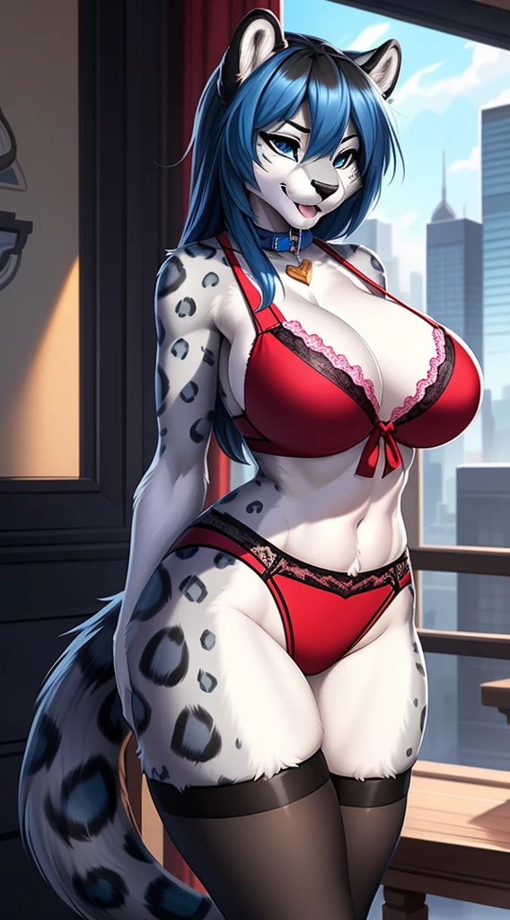 ((((sfw)))), uploaded the e621, beautiful and detailed,woman (((female))) ((anthro))Snow leopard, Ross Tran, by ruan jia, by zaush, by foxovh, lighting cinematic, seductor, Snow leopard,(fur_black) thighighs, (giant chest), full body view, (anthro, fluffy fur, character focus:1.1), 1girl, anthro dog girl, body fur, solo, giant breasts, (thick thighs:1.1), curvy, focus on giant , big ass sexy ass sexy  invitation, (heart-shaped pupils), sexy, seductive, fall in love girl, nice, cute, naughty face, bedthrom, big aureola sahow , show , Black hair with blue highlights. night looking the raiin . mini_short inside butt highschool girl, semi-butonned uniform niform, with his shirt soaked from front show giant  (barely_visible_booba) big_, visibile saliva offering the breasts and sex partial clothes (She is standing) ((She is showing her sensuality) ( blue collar.) hottest hot 1st position for sexy blue eyes confortable naughy face anime-style cartoon-style with blue hair, digital drawing and colorful city in the background, sexual expression.) pink lace bra ,tight shorts , garter belt tights