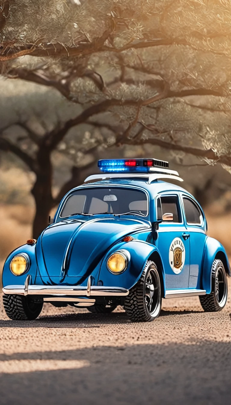 Volkswagen Beetle-based custom car、Designing the Future、Police Vehicles、siren、White and blue、Shiny metal body、Big off-road tires、Police car、Photographed from the front、Simple Background、1 set