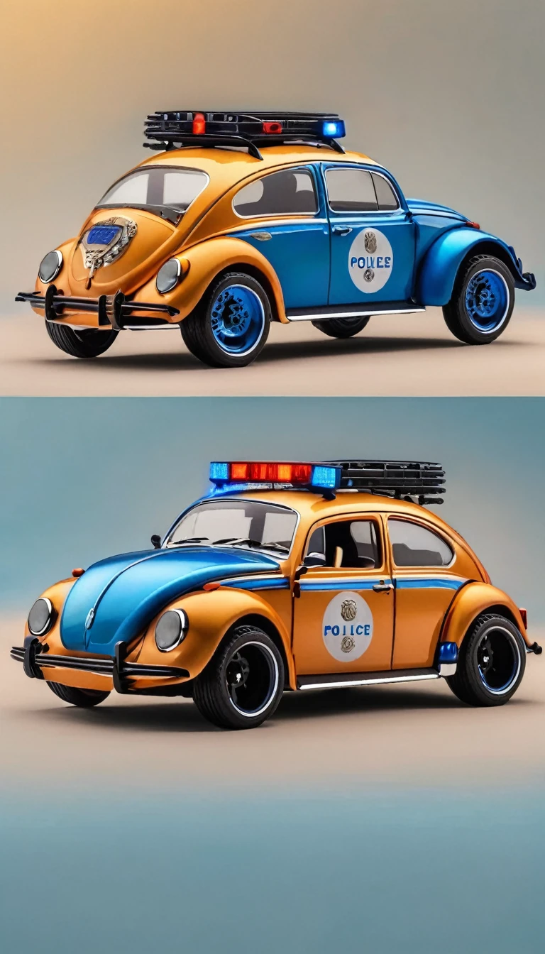 Volkswagen Beetle-based custom car、Designing the Future、Police Vehicles、siren、White and blue、Shiny metal body、Big off-road tires、Police car、Photographed from the front、Simple Background、1 set