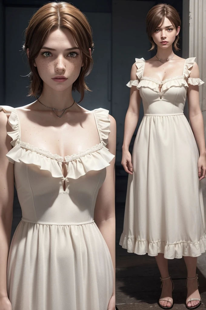 generate an image of a human in the features of the resident evil game based on these descriptions: a woman of medium height, she had light brown hair - not too long -, honey-colored eyes and freckles around her face, along with a PIERCING in her lip. She wore a soft white dress with ruffles and a delicate white sandal.