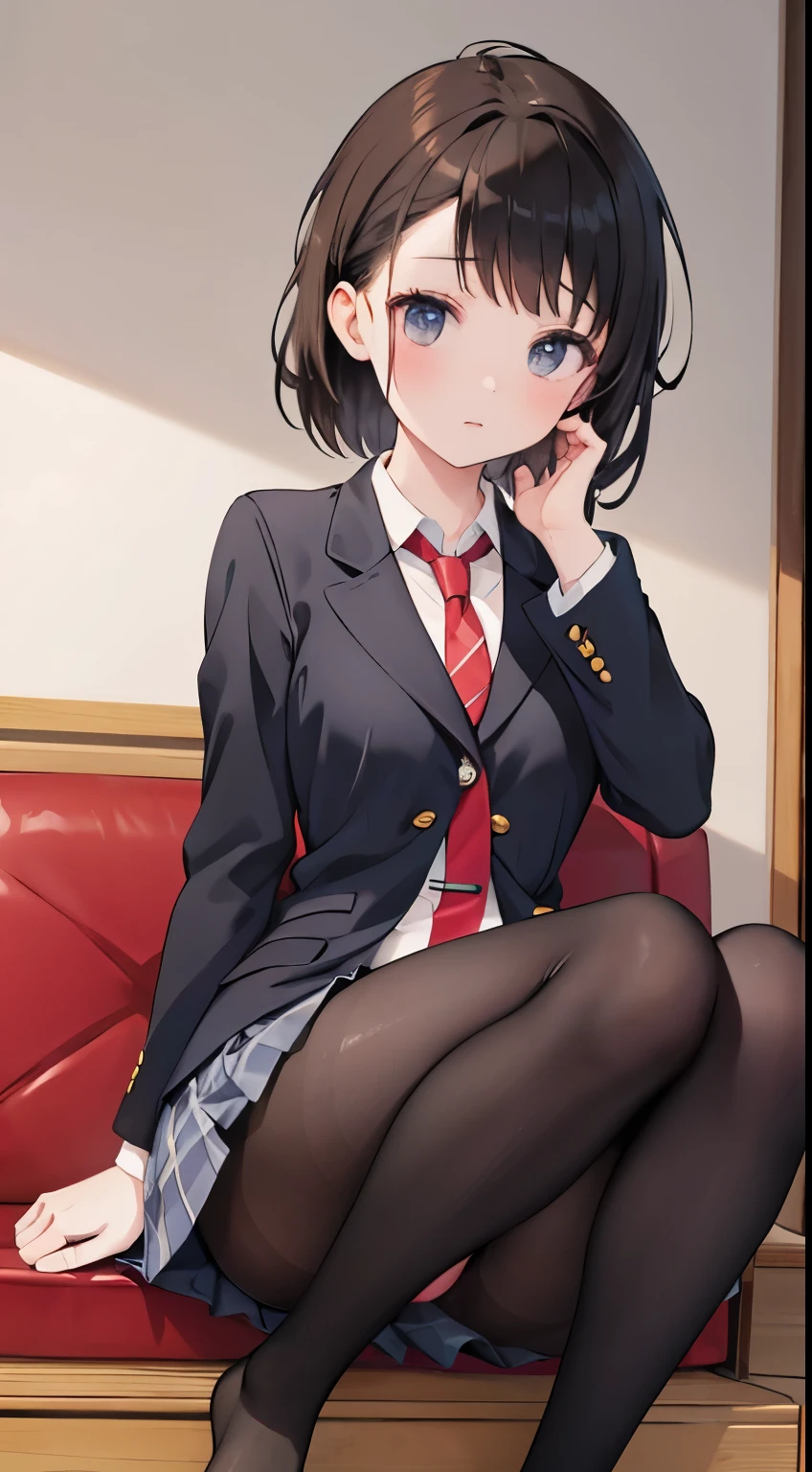 finest, masterpiece, High resolution, (Full body view from head to toe), Composition from slightly below the front, Symmetrical, 18 years old, slim and beautiful girl, alone, (small breasts), (not wearing shoes),Unkempt brown hair, bangs, (black tights), (black pantyhose), tied up with both arms hidden behind the back, , blush, shy big eyes, looking at camera, blazer uniform, plaid pleated skirt、Panties around ankles、Black knee-high socks、Spread your legs、Exposing the breasts、Bare your breasts、Panties around ankles、pussy big dildo
