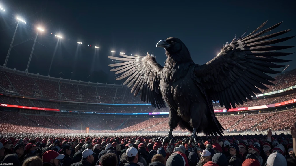 Create a high-definition image of a giant raven carrying a tiny one-legged Saci Pererê in its talons, in the center of a packed stadium. The crowd is dressed entirely in white, cheering and waving their hands. The raven is majestic and imposing, with intricate feather details and a powerful presence. The tiny Saci Pererê, with his iconic red cap, is held gently but firmly by the raven. The stadium is filled with vibrant energy, lights, and smoke effects, adding to the dramatic atmosphere. The background shows thousands of excited fans, creating a striking and surreal scene.
