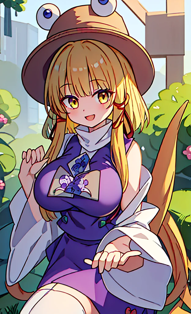 masterpiece,Highest quality,1 Girl,alone,Pokémon-like art style, (gigantic breasts:1.5), MORIYA_SUWAKO_TOUHOU
BLONDE_HAIR, HAT, RIBBON, HAIR_RIBBON, VEST, SMILE, YELLOW_EYES, BANGS, RED_RIBBON, BROWN_HEADWEAR, PURPLE_VEST, SIDELOCKS, SHORT_HAIR, was surprised to see breasts