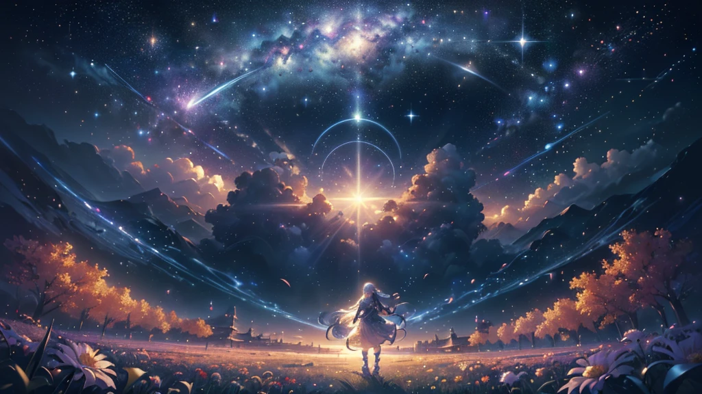 (((Highest quality、masterpiece、Ultra-fine、Ultra-fine、Exquisite、16K、Full HD,))) 、masterpiece、Concept Art、Panorama、central、figure、Wide Shot、Flower Garden、night、(meteor)、Space galaxy background、(壮大な構figure、epic proportion)、Dynamic lighting、Bright colors、