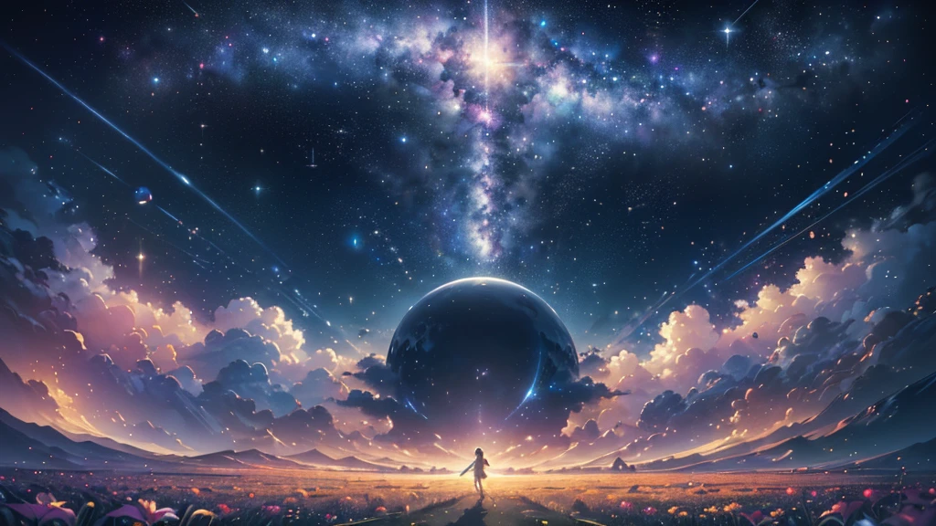 (((Highest quality、masterpiece、Ultra-fine、Ultra-fine、Exquisite、16K、Full HD,))) 、masterpiece、Concept Art、Panorama、central、figure、Wide Shot、Flower Garden、night、(meteor)、Space galaxy background、(壮大な構figure、epic proportion)、Dynamic lighting、Bright colors、