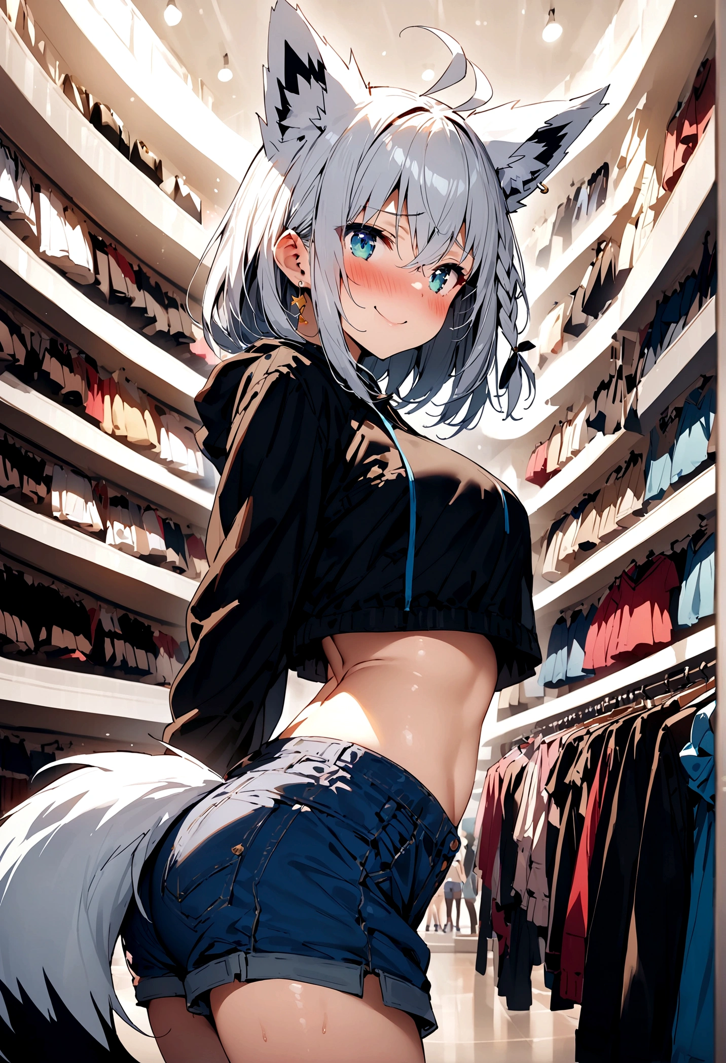 NSFW,masterpiece,Highest quality,High resolution,Super detailed,Shirakami Fubuki\(Hololive\),Gray Hair、One-sided braid、Ahoge、Earrings,Fox ears,Fox tail,Jacket,Crop top,Shorts,Embarrassed,blush,Expecting face,Seduce,smile,Shopping mall,Lingerie Shop,Underwear section,Date,From the side