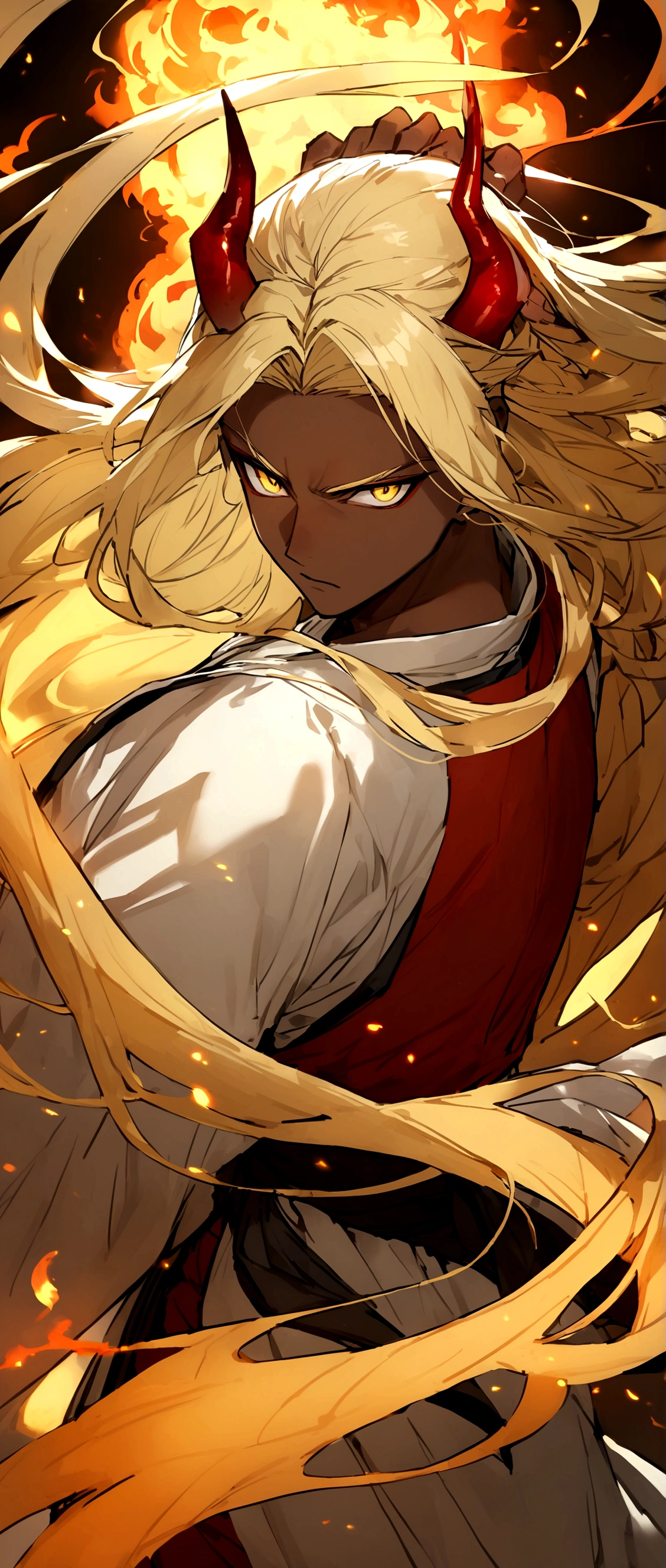 Beautiful young man with blond hair and dark skin, 27 years old, Yellow Eyes, A single red horn grows from the right side of its head.., Wearing traditional Korean clothing, Waist-length flowing hair.Fight enemies with magic.A tense look.