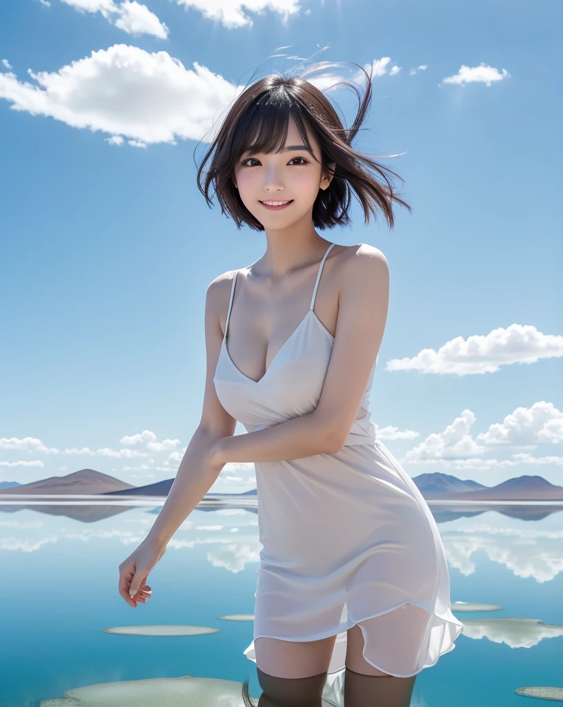 (Highest quality, 32k, High resolution, Masterpiece:1.5), marimo_jet, god々A photograph with brilliant dazzling and healing power., Evoking a sense of calm and elusive beauty, Expressing emotions, Have a rich imagination, Beautiful Japanese Girls, An exceptionally beautiful face, Small Face Beauty, , Perfect Human Anatomy, Magical big eyes, Motherhood and generosity, Deep Love, fleeting smile, Shiny black hair, Short hair swaying in the wind, Asymmetrical bangs, Hair between the eyes, Transparent, soft white skin, Sharp eyebrows, Thin lashes, ((Natural Makeup:1.3)), Red dress, High resolutionの完璧な鎖骨, High resolutionの美しい胸元, Slim figure with ample breasts, High resolutionの美しい太もも, ((Distant Horizon:1.5)), ((Salar de Uyuni stretches to the horizon:1.3)), ((The water surface reflects the sky like a mirror:1.5)), Beautiful detailed blue sky, Professional photographer, Professional Lighting, Professional models, god秘的