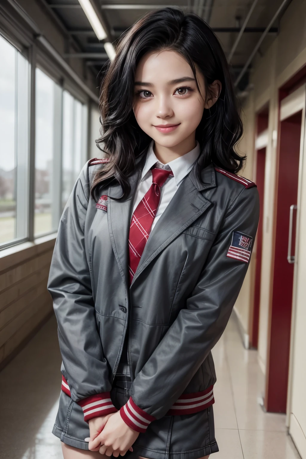 Screenshot of boku no hero academia,Beautiful black hair girl,shoulder length curly,slanted eyes,Red eyes,wear nose piercings,smiling expression on face,gray jacket uniform with red tie,walking,school hallways background,looking at the camera head on