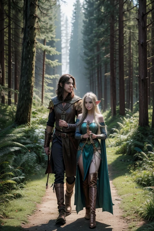 Elf couple based on the game Dungeons and Dragons, where he carries a longbow and she is a wizard. Behind the couple is a forest and the rest is a white background