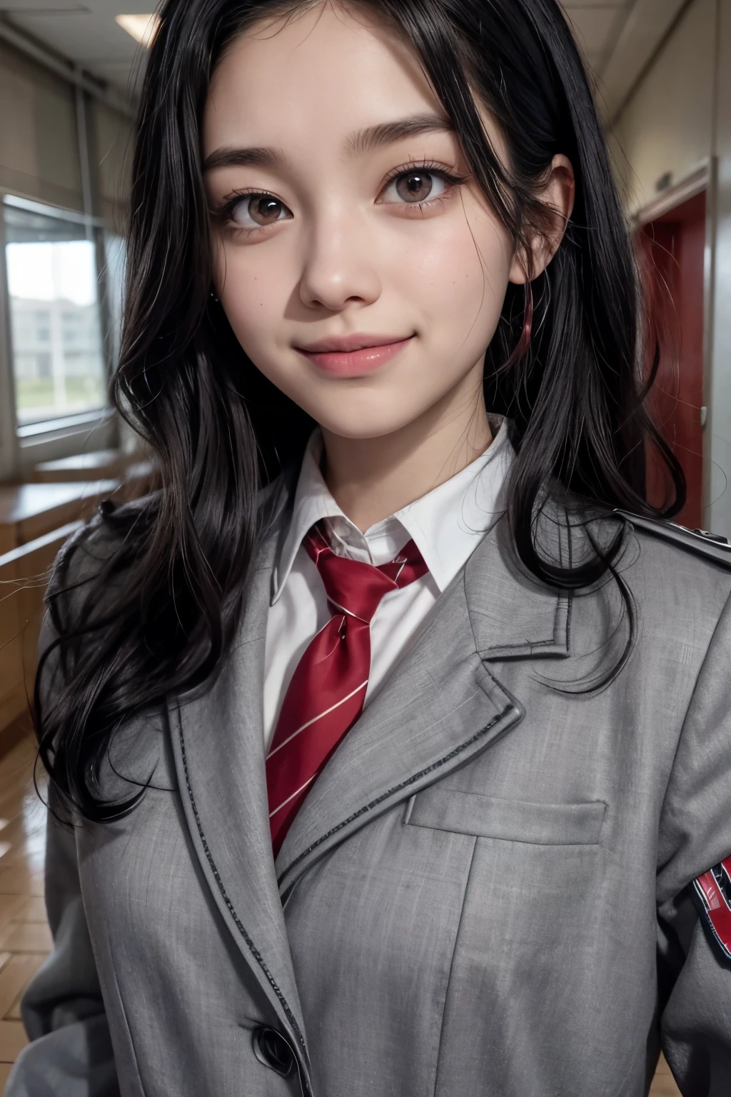 Screenshot of boku no hero academia,Beautiful black hair girl,shoulder length curly,slanted eyes,Red eyes,wear nose piercings,smiling expression on face,gray jacket uniform with red tie,walking,school hallways background,looking at the camera head on