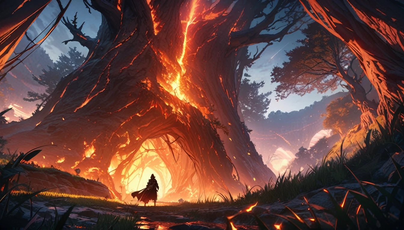  Dark Fantasy aestetics, Ring of Fire, Ring of Fire style dark night, Dim Lights, Huge cracked tree on background, Shadow Tree, The tree shines with golden light, The veil covering the earth, Dark Fantasy scene, Scenes, Stunning views, Background with large grass, Dark Fantasy, fear, No need, atmospheric view, view, Wide-angle lens, 4K, 8K, high resolution, high quality, masterpiece, best quality