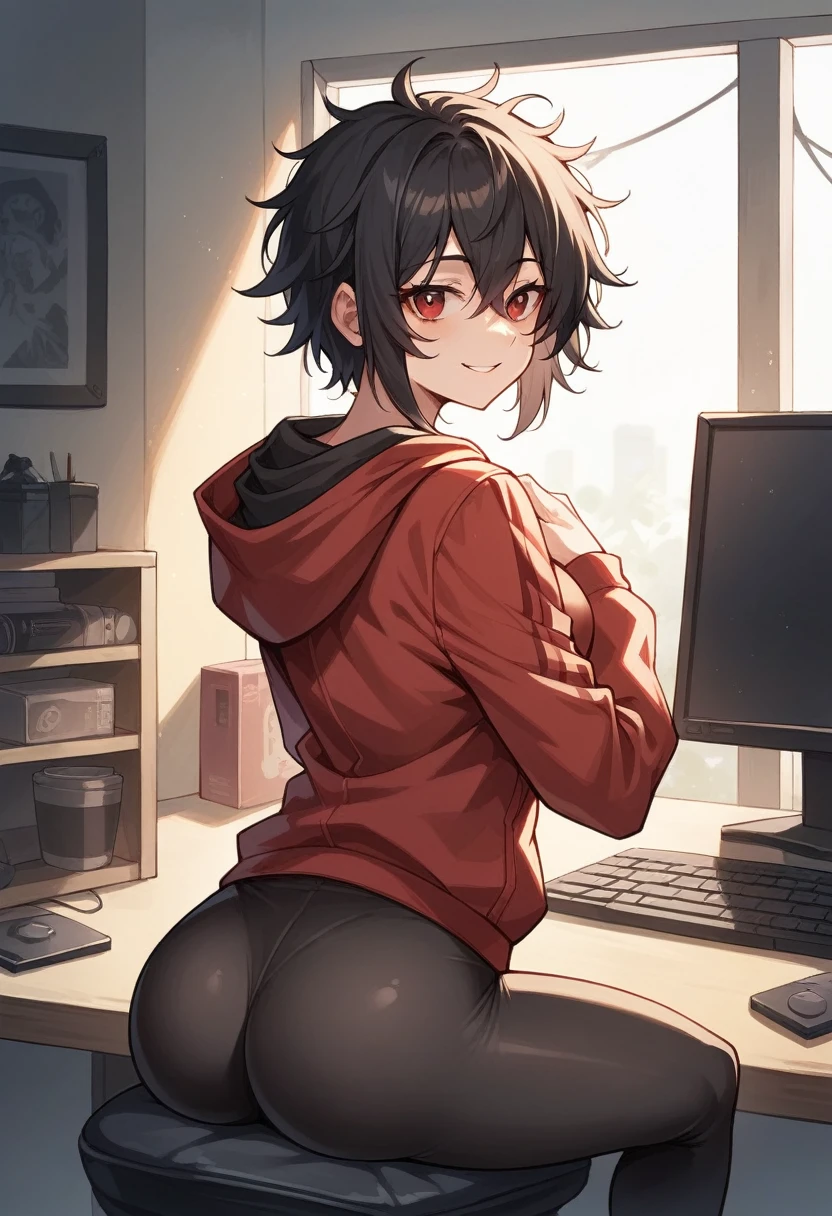 Score_9, Score_8_up, source_anime BREAK solo, 1girl, looking at viewer, cowboy shot, 1 girl, with black hair, messy hair, messy hair, red eyes, bangs, hair between eyes, red hoodie, leggings, 
curves, medium breasts, smile, sunken skin, hands on chest, from behind, back, 
indoors, in bed, in the bedroom, on a chair, at the window, sitting, in a gaming chair, on a computer, on a keyboard \(computer\), in games,