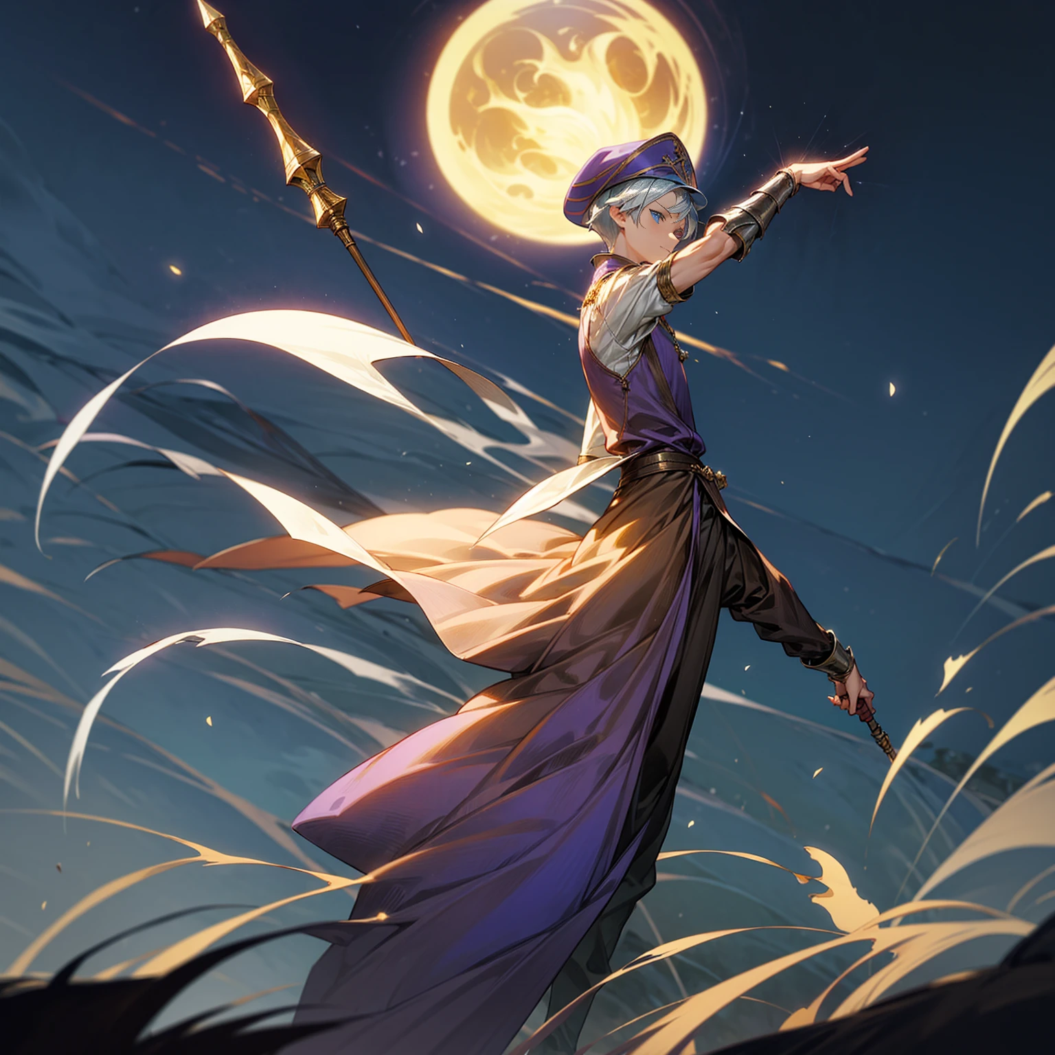 1boy, Full body version, 1character, blue eyes color, sad eyes, eyeliner, tan skin, classic fade haircut, almond eyes type, brown colour hair, medieval clothing style, breton hat, armor body, purple color clothing, silver necklaces, gold armor on hand, gold spear in hand, Grassroots background in field town, motion blur, plasma, fire, in night, moon, lighting fire, lighting moon, battle gesture, lighting Spear,