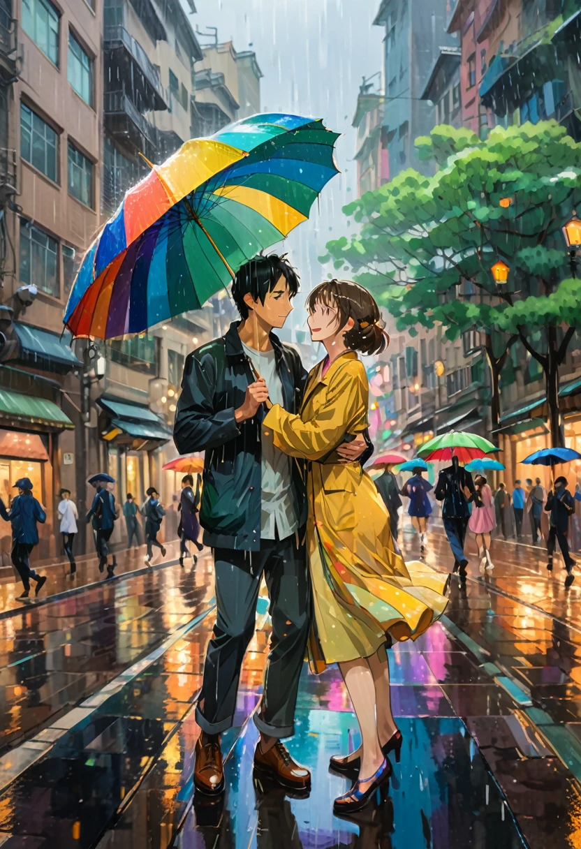 (Dancing in the Rain), a couple dances in the rain on the street, dressed in casual dance clothes. Surrounded by hurried pedestrians and colorful umbrellas, their movements attract the attention of passersby. The background is a city in the rain, full body, (Ghibli style), panoramic view, award-winning, cinematic still, emotional, vignette, dynamic, vivid, (masterpiece, best quality, Professional, perfect composition, very aesthetic, absurdres, ultra-detailed, intricate details:1.3)