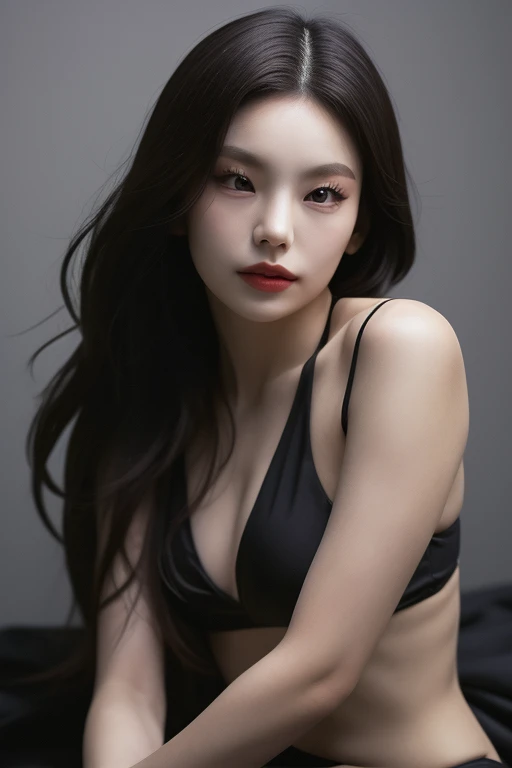 jennie1,1girl, solo, (realistic),(hyperrealism),(best quality),(masterpiece),(ultra high res),(photorealistic),(film grain),(full body),eye makeup,detailed eyes,detailed face,black bikini, posing for a photo, simple background