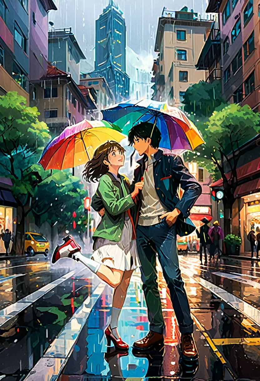 (Dancing in the Rain), a couple dances in the rain on the street, dressed in casual dance clothes. Surrounded by hurried pedestrians and colorful umbrellas, their movements attract the attention of passersby. The background is a city in the rain, full body, (Ghibli style), panoramic view, award-winning, cinematic still, emotional, vignette, dynamic, vivid, (masterpiece, best quality, Professional, perfect composition, very aesthetic, absurdres, ultra-detailed, intricate details:1.3)