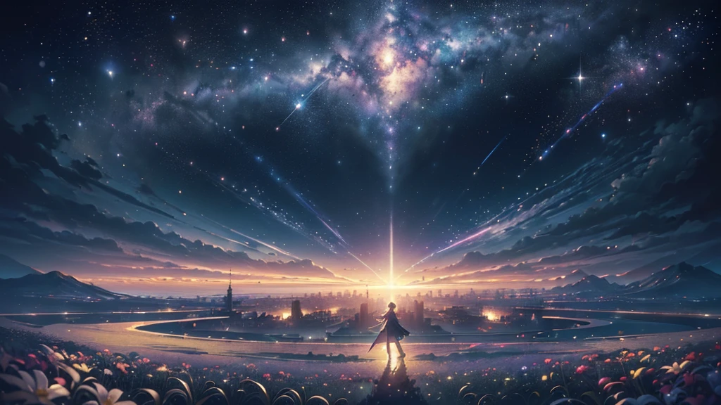(((Highest quality、masterpiece、Ultra-fine、Ultra-fine、Exquisite、16K、Full HD,))) 、masterpiece、Concept Art、Panorama、central、figure、Wide Shot、Flower Garden、night、(meteor)、Space galaxy background、(壮大な構figure、epic proportion)、Dynamic lighting、Bright colors、