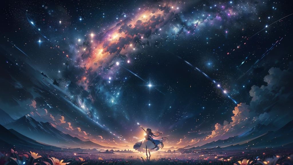 (((Highest quality、masterpiece、Ultra-fine、Ultra-fine、Exquisite、16K、Full HD,))) 、masterpiece、Concept Art、Panorama、central、figure、Wide Shot、Flower Garden、night、(meteor)、Space galaxy background、(壮大な構figure、epic proportion)、Dynamic lighting、Bright colors、