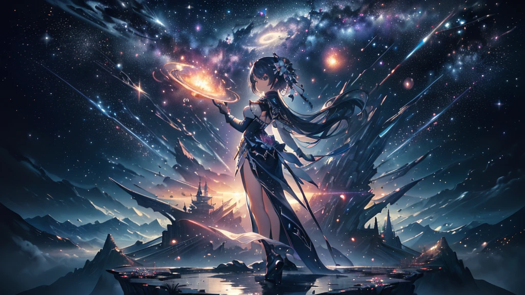 (((Highest quality、masterpiece、Ultra-fine、Ultra-fine、Exquisite、16K、Full HD,))) 、masterpiece、Concept Art、Panorama、central、figure、Wide Shot、Flower Garden、night、(meteor)、Space galaxy background、(壮大な構figure、epic proportion)、Dynamic lighting、Bright colors、